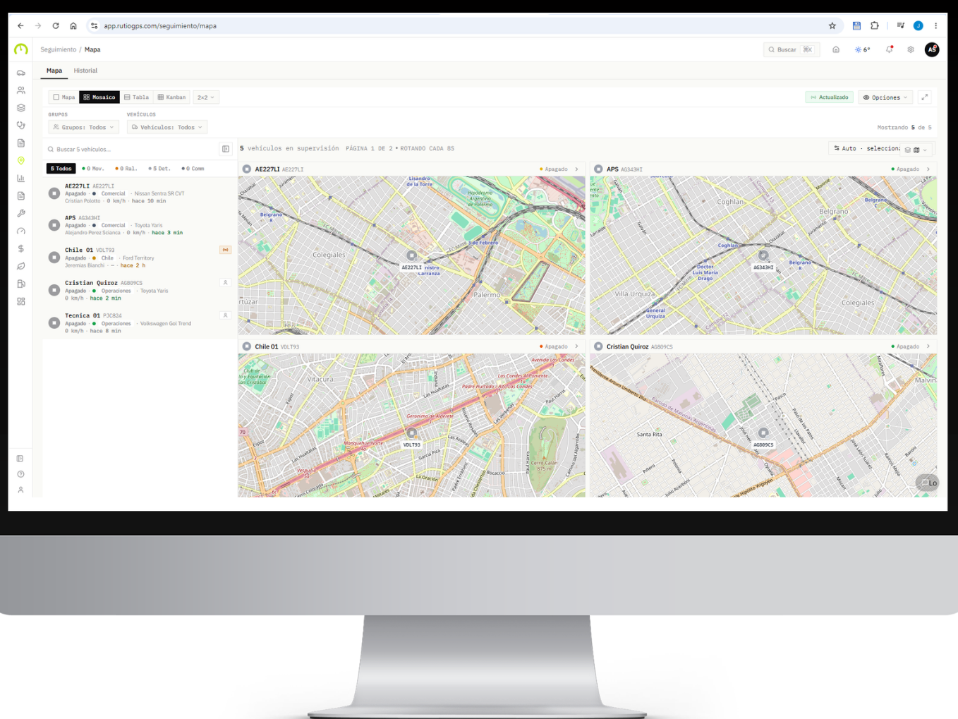 Plataforma Rutio — vista de supervisión en tiempo real con mosaico de mapas