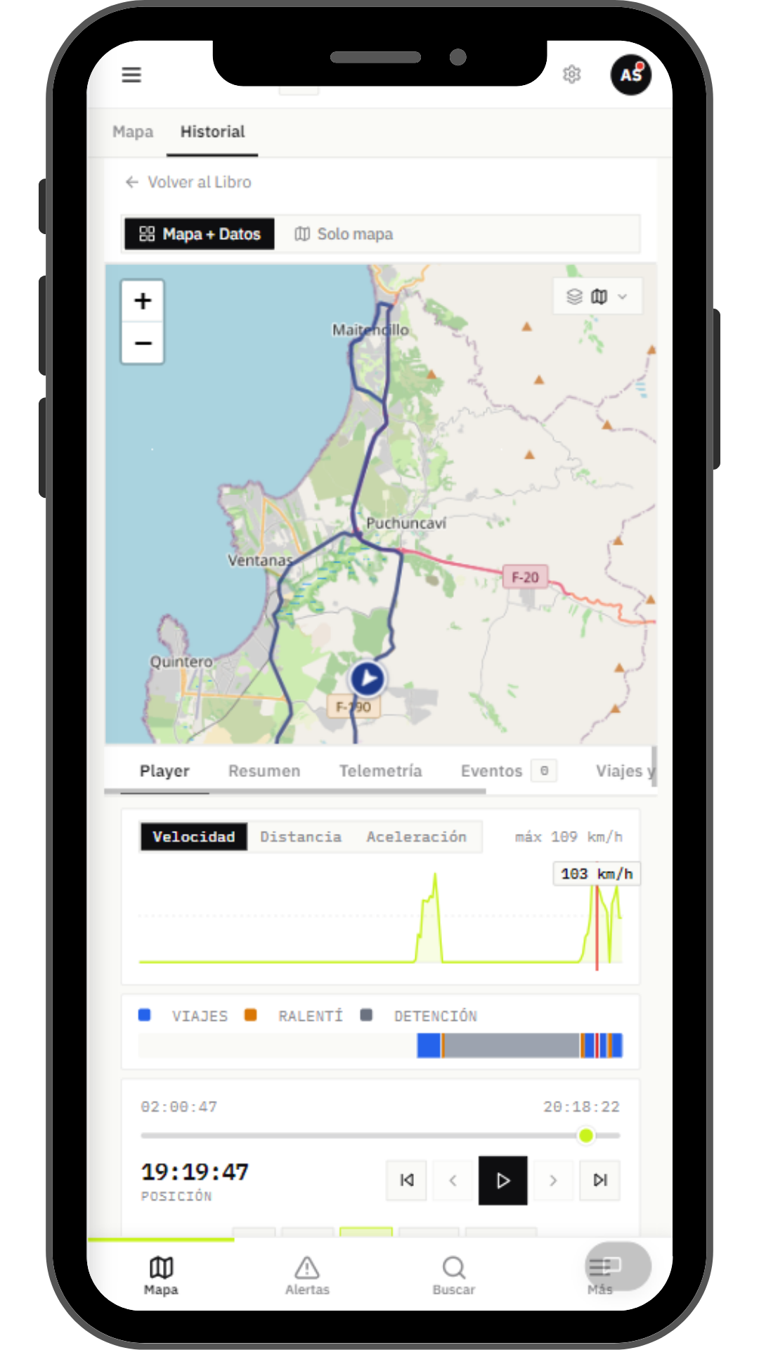 App móvil Rutio — historial de viaje con mapa y telemetría