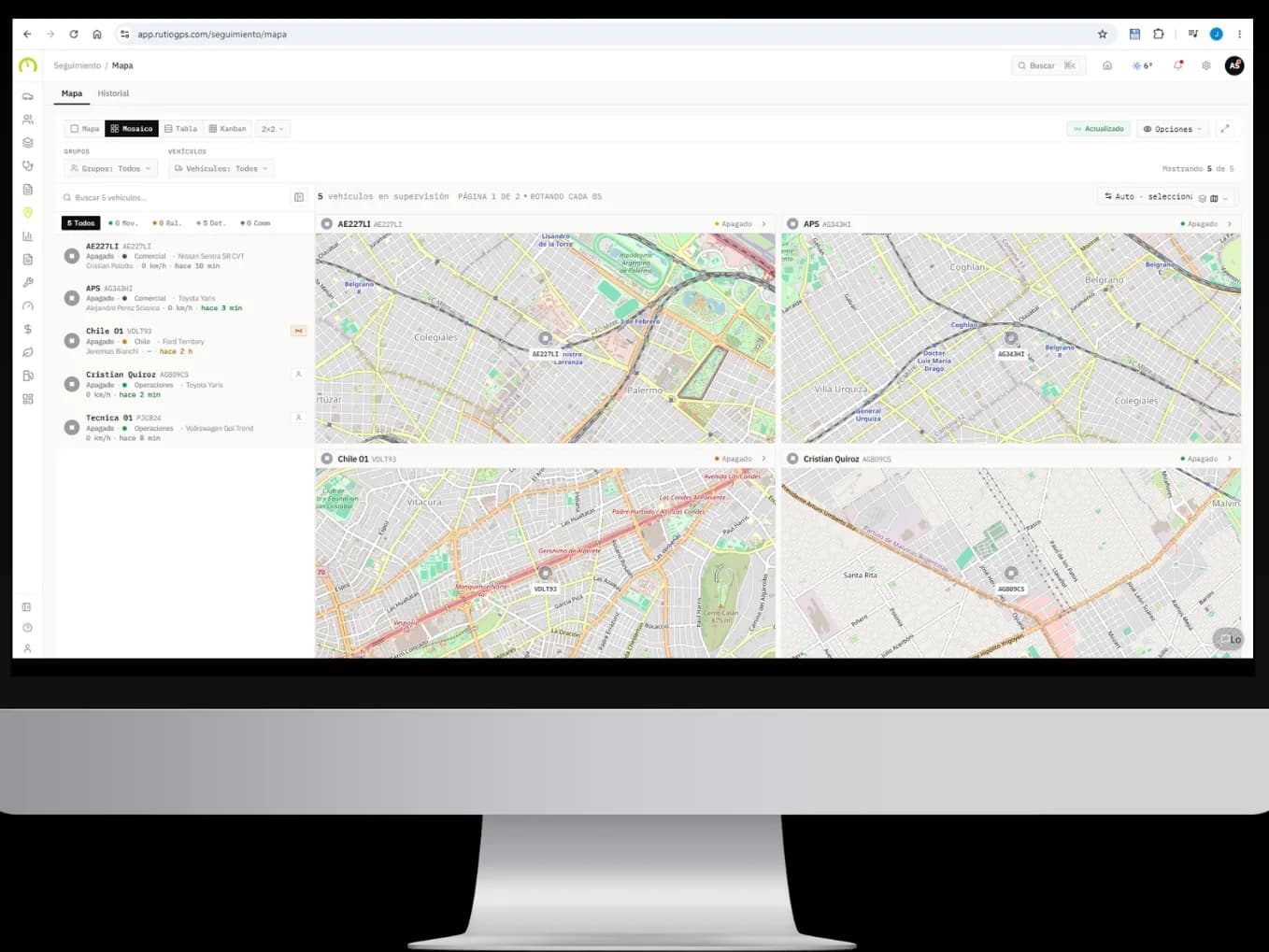 Plataforma Rutio — vista de supervisión en tiempo real con mosaico de mapas