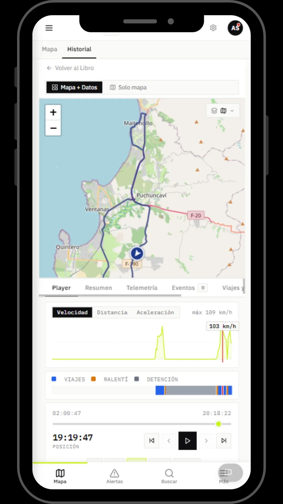App móvil Rutio — historial de viaje con mapa y telemetría