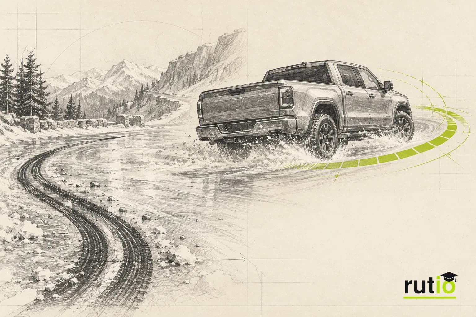 Transición visual entre una ruta helada con una marca de derrape y una camioneta moderna tomando una curva con su velocidad de giro medida