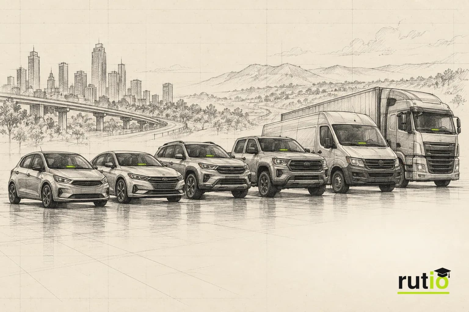 Ilustración editorial de una fila de autos genéricos de distintos segmentos, todos con el mismo indicador de control de estabilidad