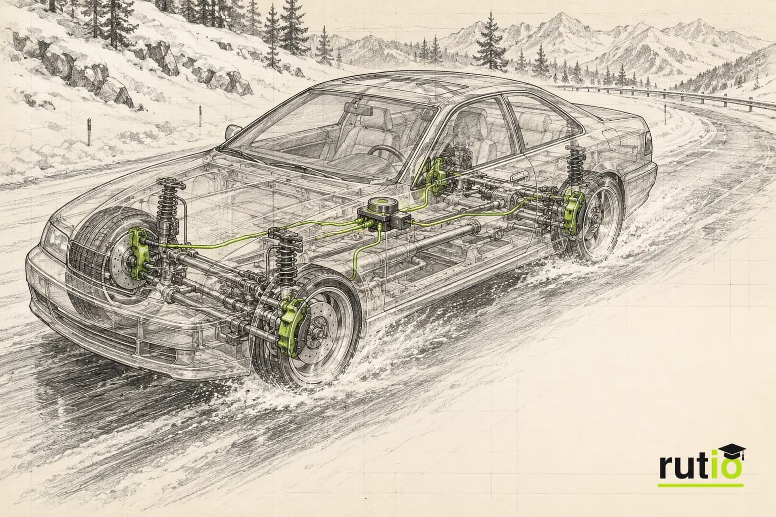 Ilustración editorial técnica de un coupé de lujo de mediados de los noventa con un sensor central de giro conectado a los cuatro frenos