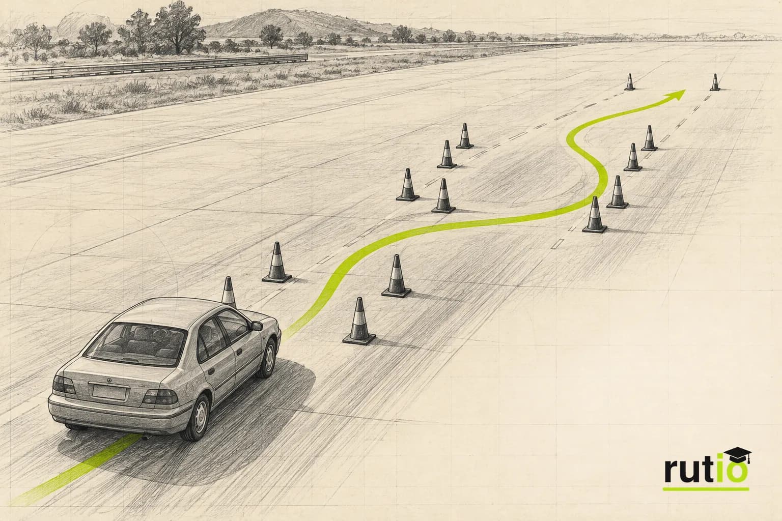 Ilustración editorial cenital de una pista de pruebas con conos dispuestos para una maniobra de esquive doble