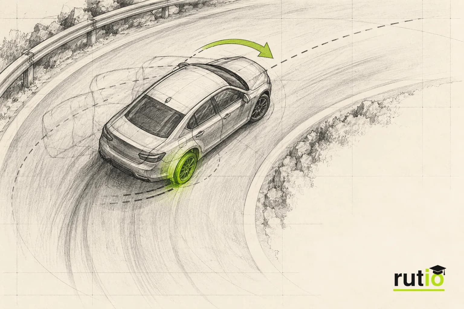 Ilustración editorial cenital de un auto tomando una curva con una sola rueda trasera frenada para enderezar su trayectoria