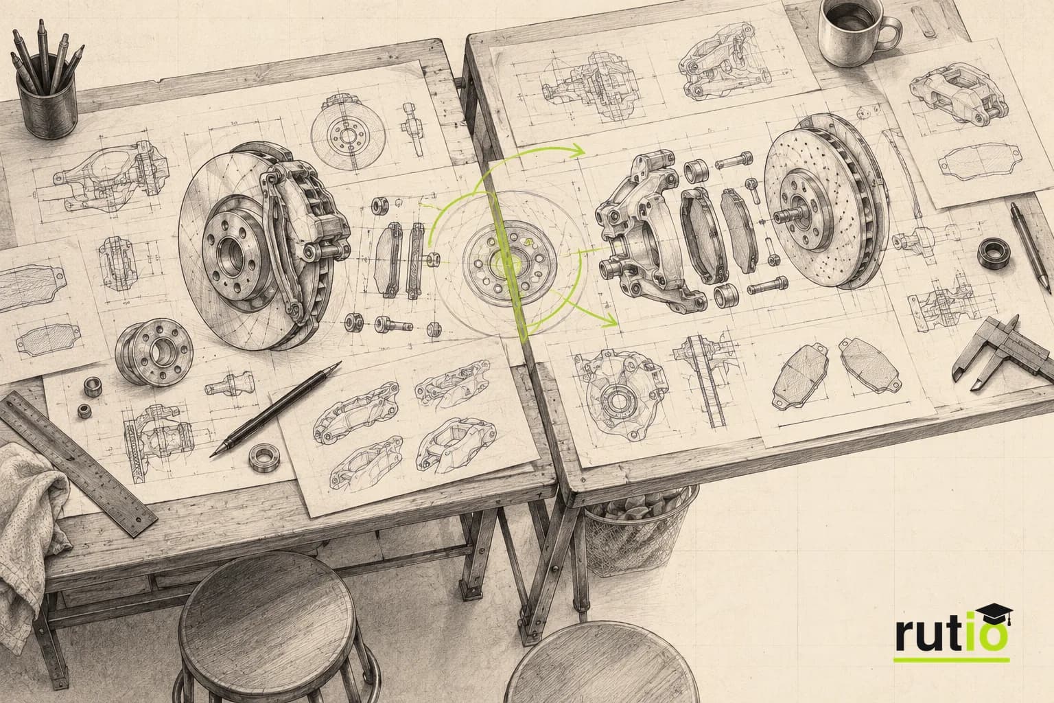 Ilustración editorial de dos mesas de ingeniería con planos de un sistema de frenos, sugiriendo varios autores de una misma idea