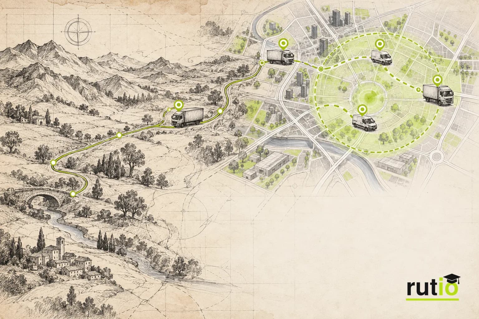 Transición visual entre un mapa de papel con una ruta marcada a mano y un mapa moderno con vehículos de una flota y una geocerca