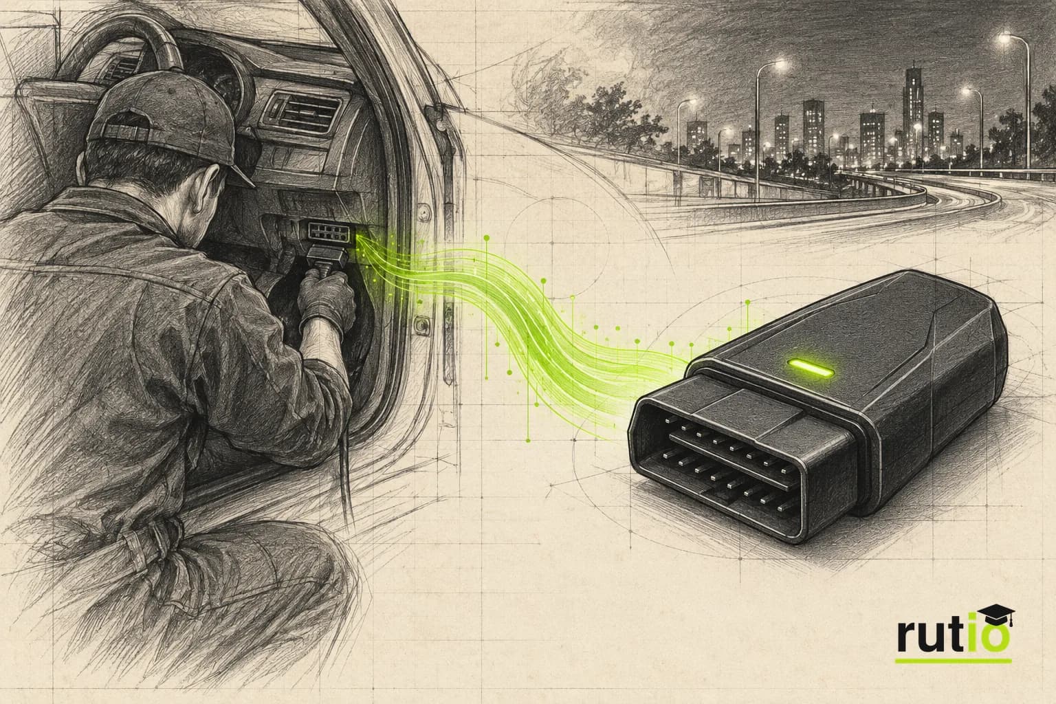 Transición visual entre un técnico cambiando un equipo en un taller y un dispositivo OBD2 que recibe una actualización a distancia