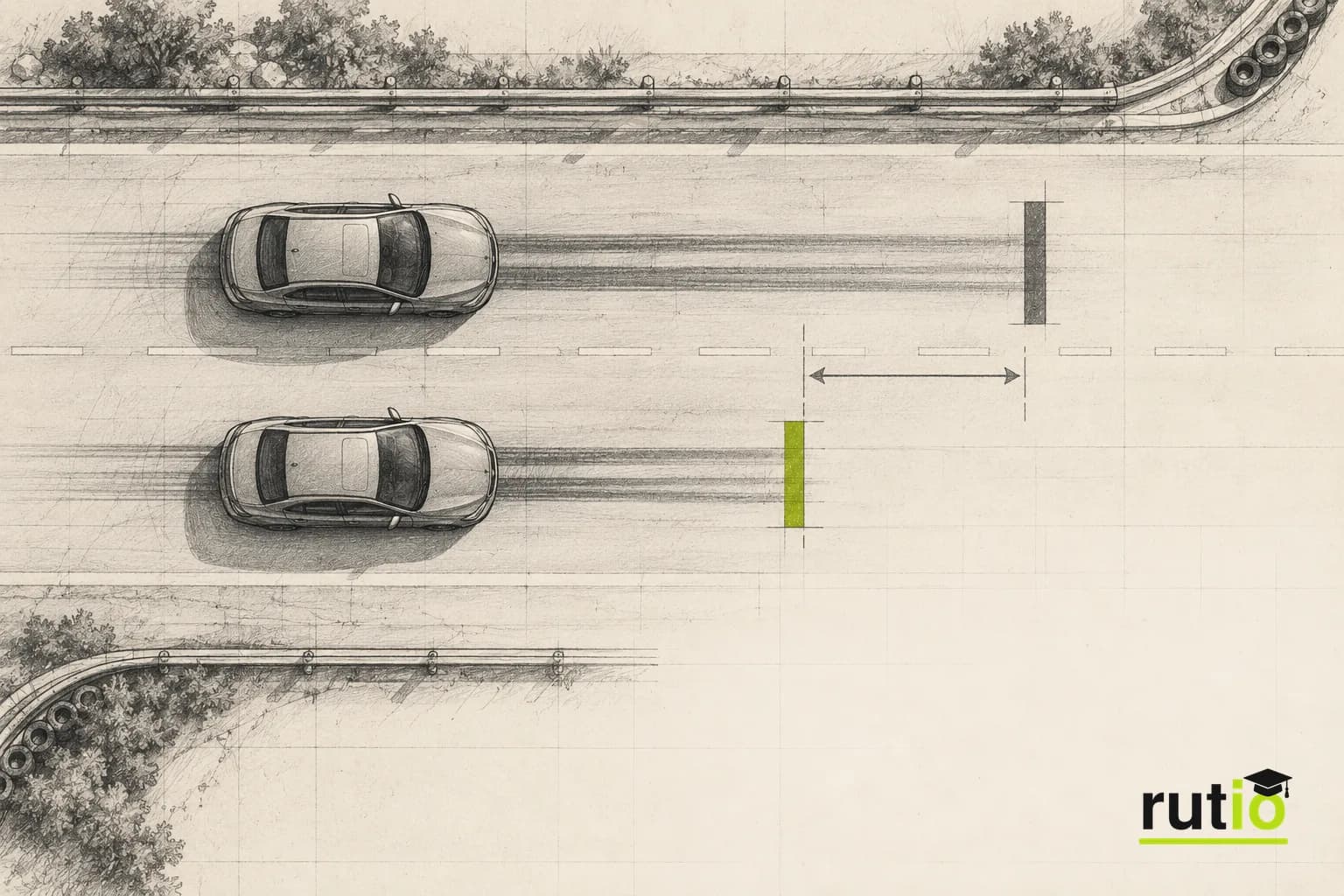 Ilustración editorial cenital de una pista de pruebas con dos marcas de detención de un mismo sedán a distinta distancia