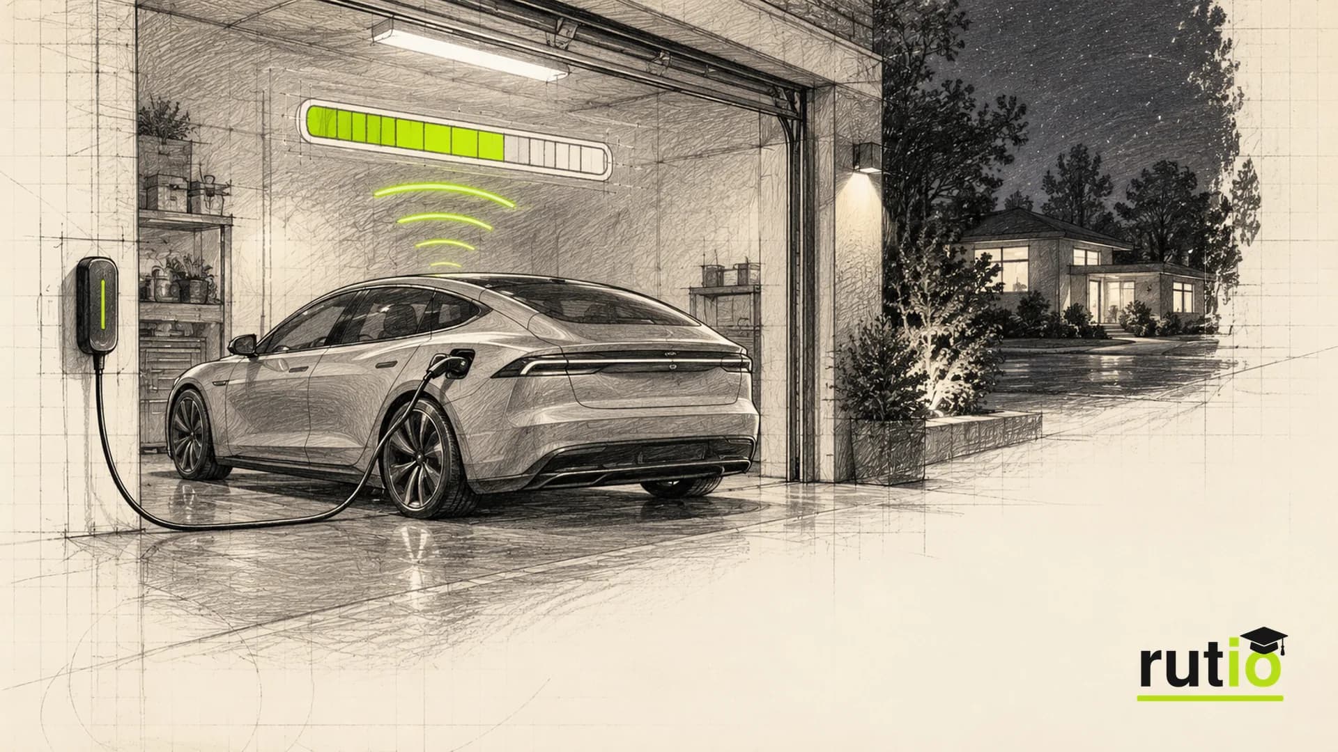 Ilustración editorial de un sedán eléctrico estacionado de noche en un garaje, con una barra de progreso flotando sobre el auto