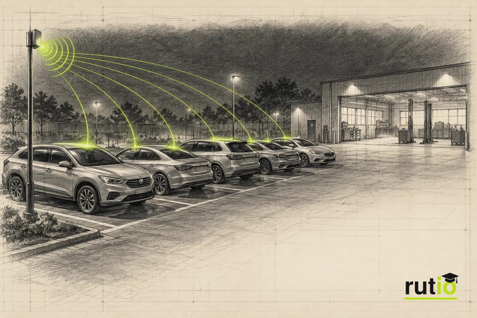 Ilustración editorial de una fila de autos en un estacionamiento alcanzados al mismo tiempo por una señal de actualización