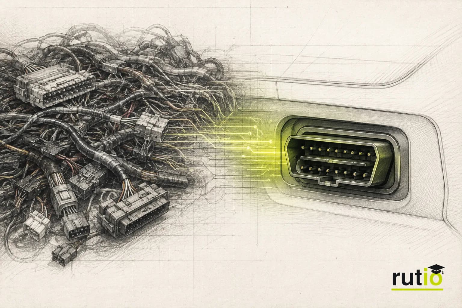 Transición visual entre un arnés de cables denso de los años ochenta y el puerto OBD2 moderno de un vehículo o flota