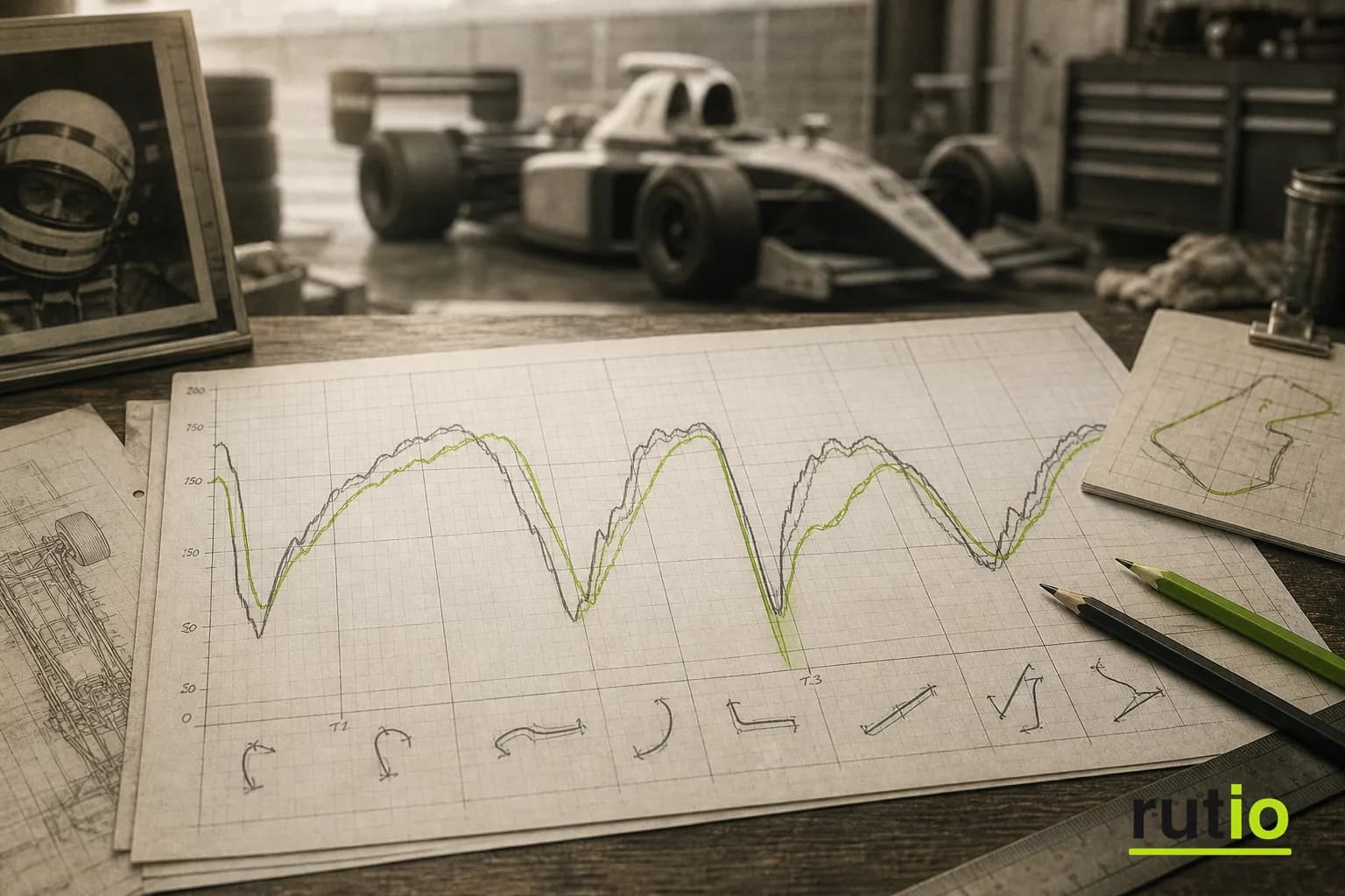 Ilustración editorial de dos trazas de datos superpuestas sobre la imagen de un monoplaza de 1986 tomando una curva