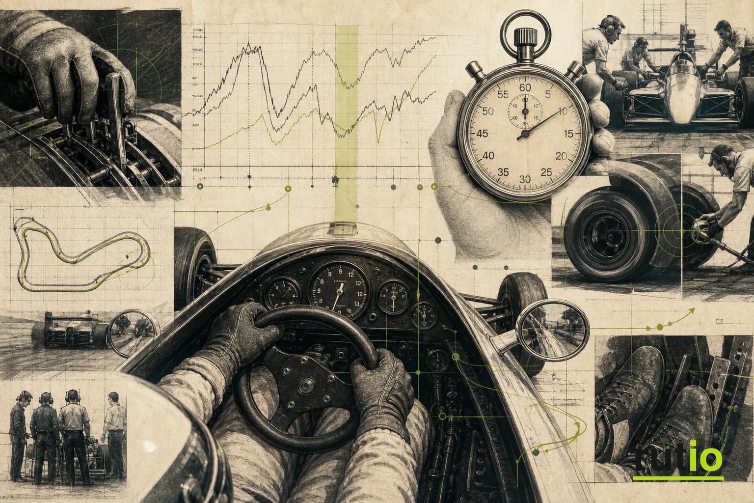 Ilustración editorial en collage de una cabina de Fórmula 1 de 1986 con cronómetro, traza de datos, trazado de circuito y equipo de boxes