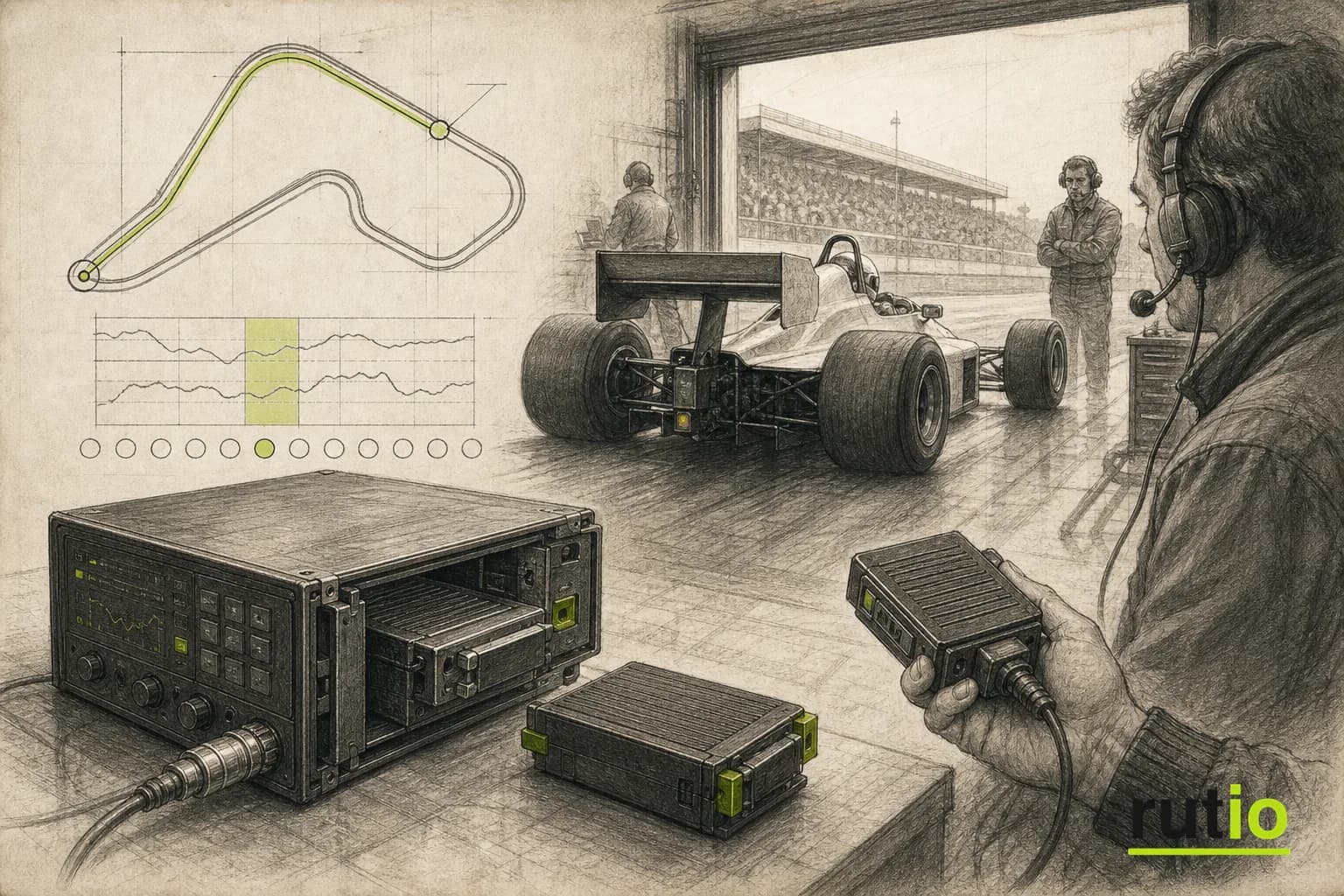 Ilustración editorial de un ingeniero de boxes eligiendo, entre varios trazados de circuito registrados, cuál vuelta guardar