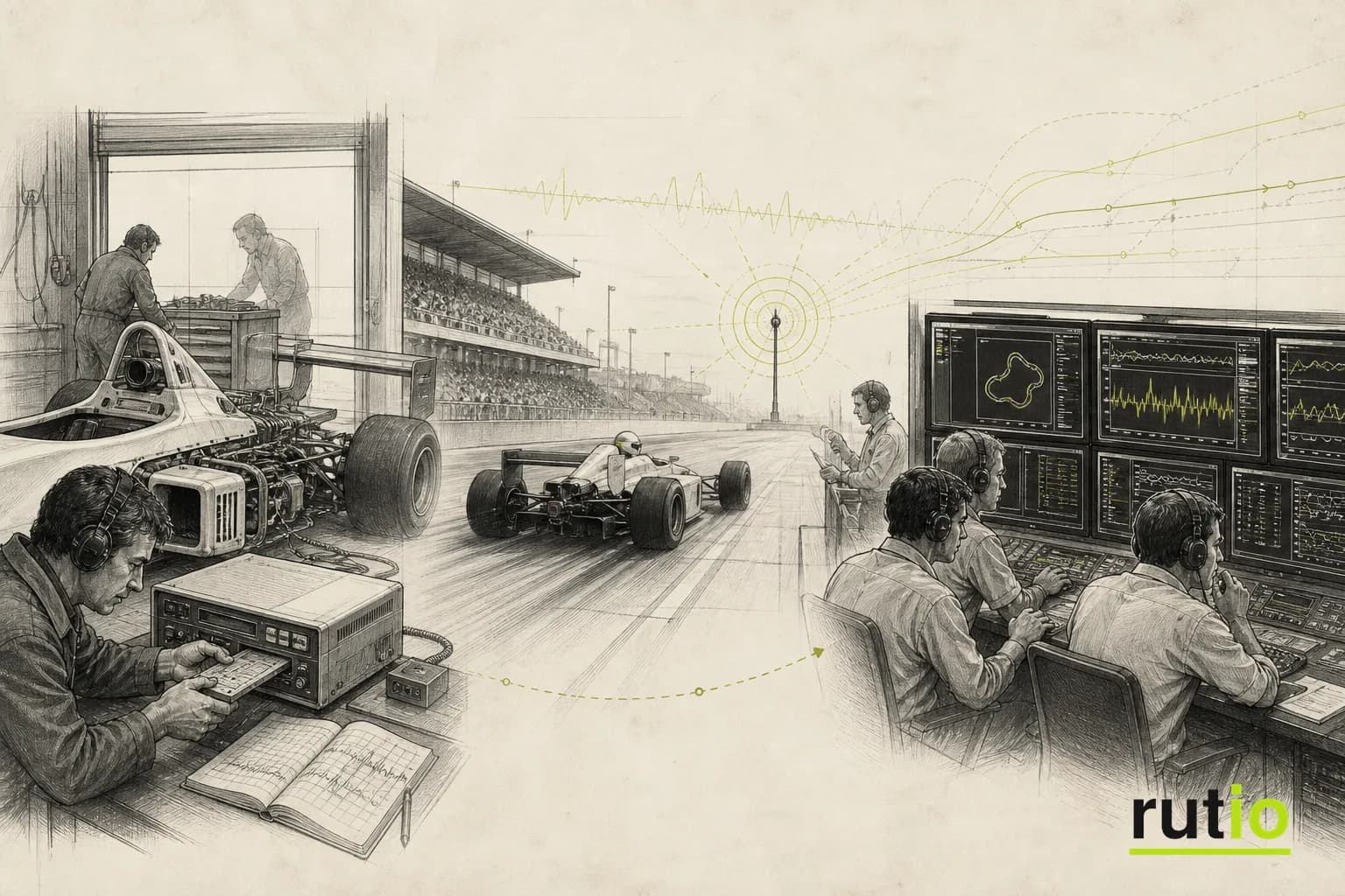 Ilustración editorial de la evolución desde instrumentos y registro a bordo hasta telemetría y un auto conectado