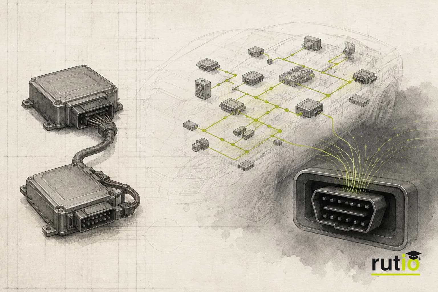 Transición visual entre dos unidades de control conectadas por un cable dedicado de los años ochenta y la red interna moderna de un vehículo o flota