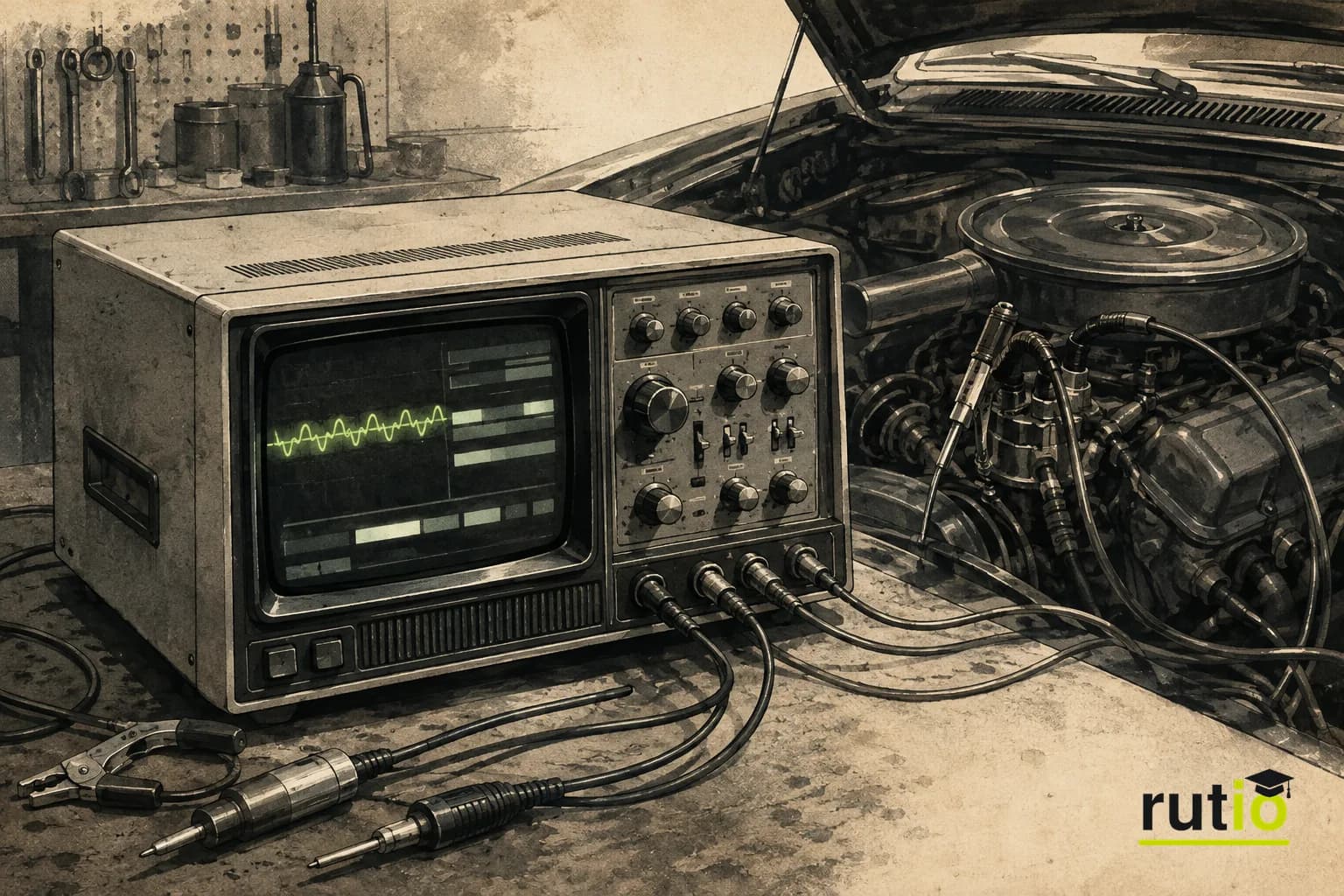 Ilustración editorial de un analizador digital genérico de mediados de los años setenta conectado a un motor en un taller