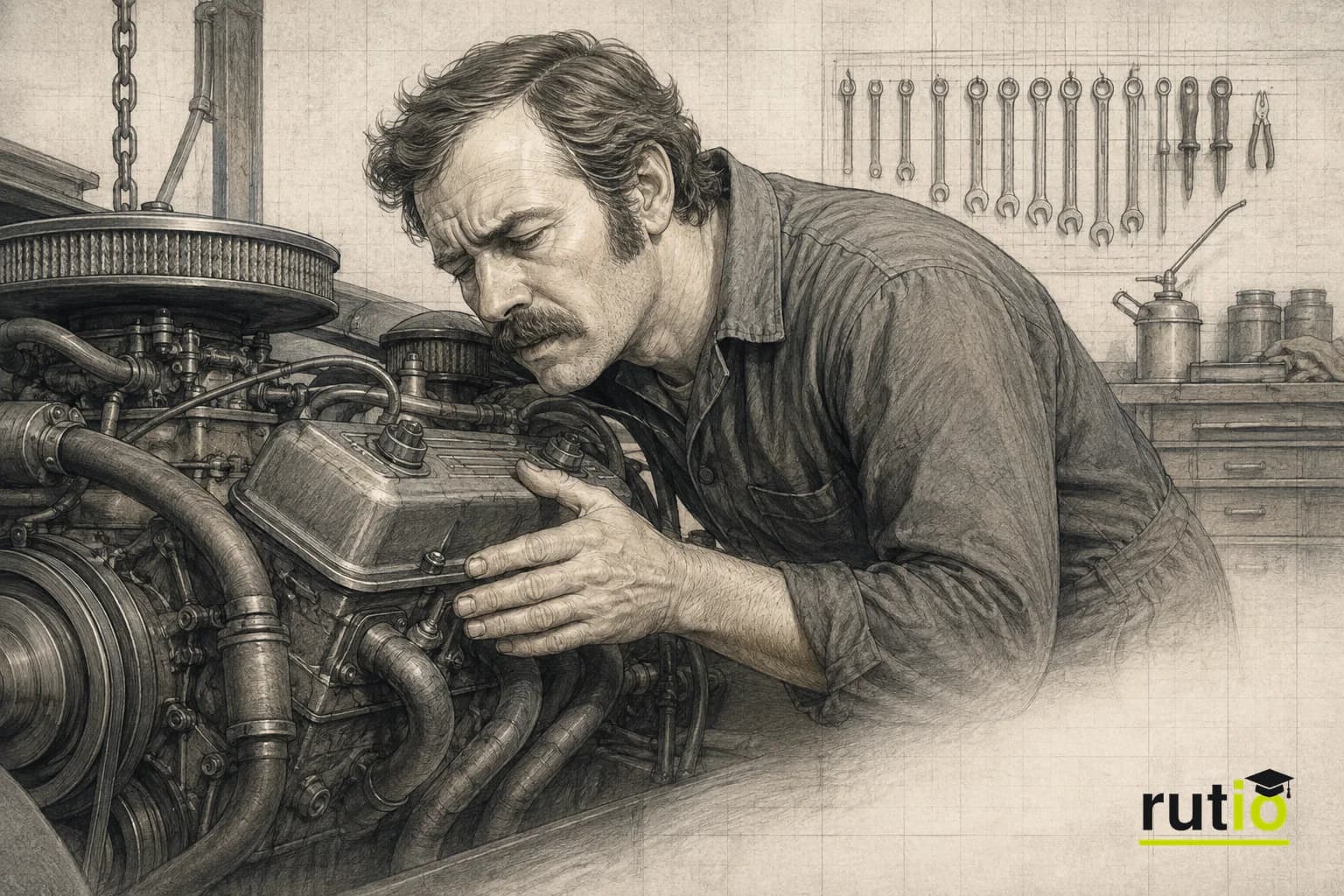 Ilustración editorial de un mecánico genérico escuchando un motor en marcha en un taller de fines de los años setenta