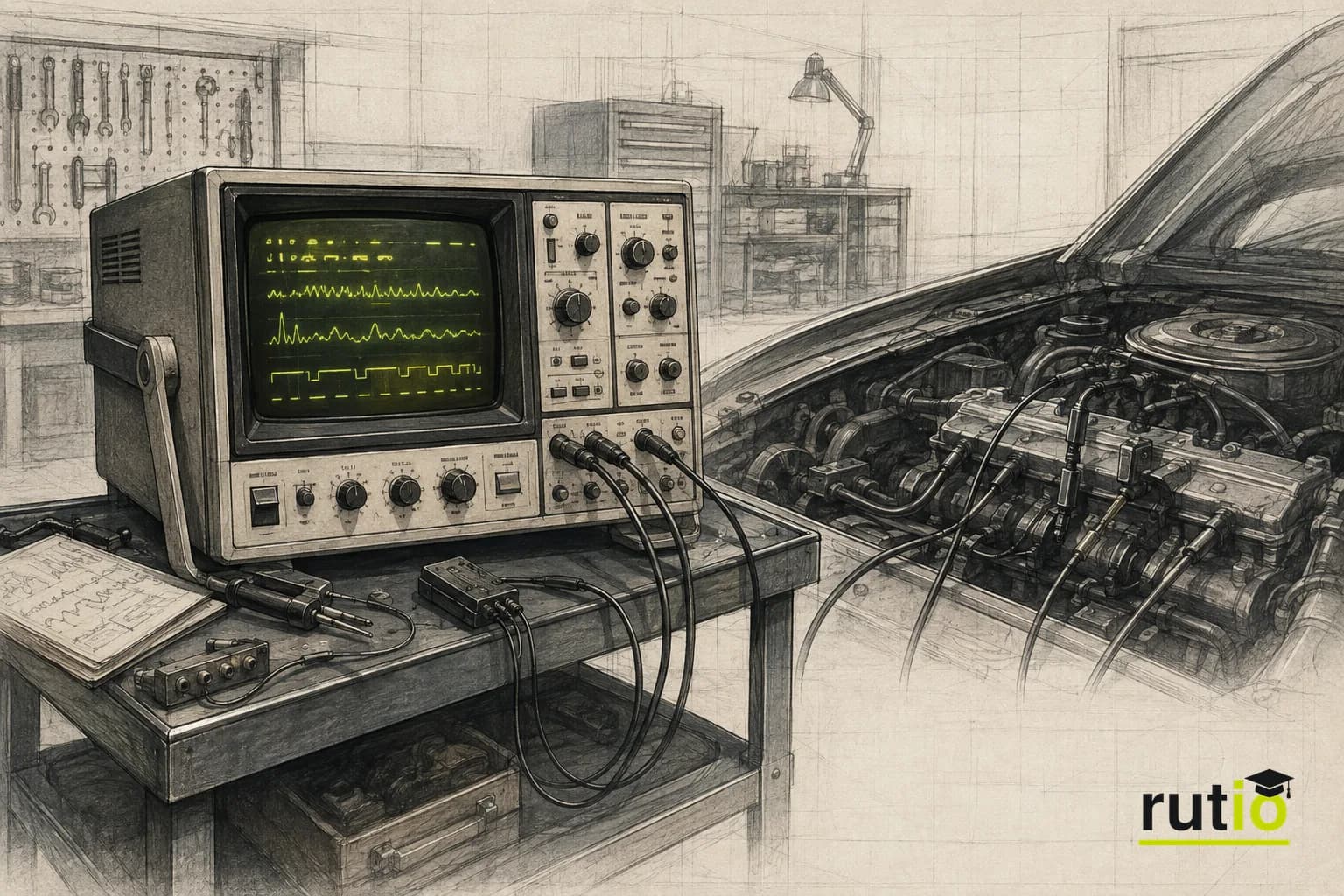 Ilustración editorial de un analizador de diagnóstico genérico de fines de los años setenta mostrando un resultado en texto en una pantalla CRT