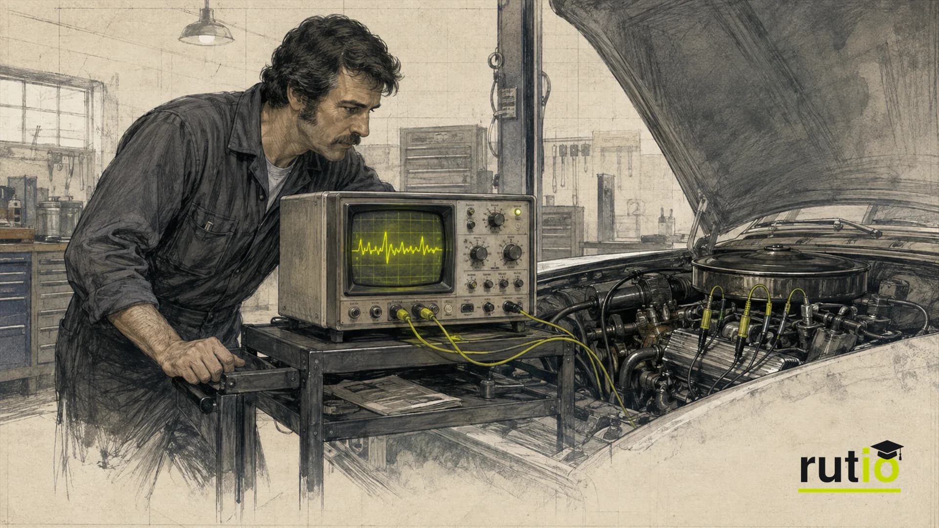 Ilustración editorial de un mecánico de fines de los años setenta junto a un analizador de diagnóstico conectado a un motor