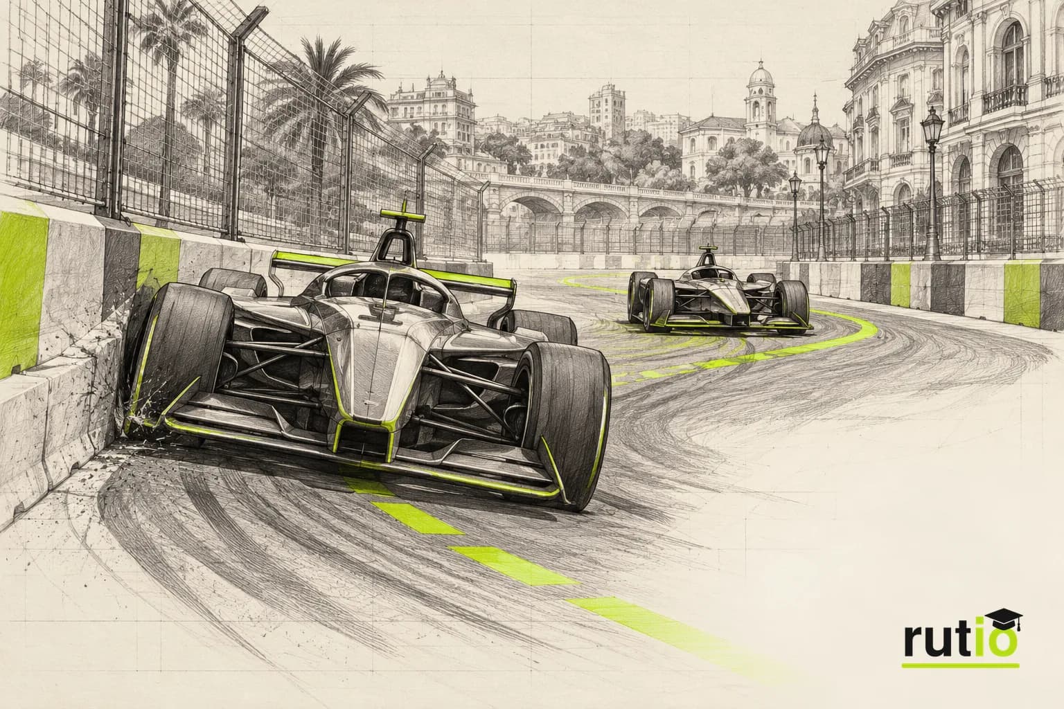Ilustración editorial de un circuito callejero con dos autos de carrera sin piloto, uno rozando una barrera en una curva