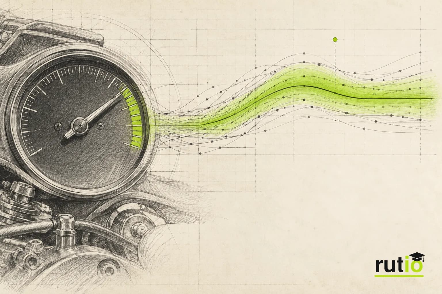 Transición visual entre un cuentavueltas analógico de época y una banda de régimen normal de motor aprendida a partir de datos