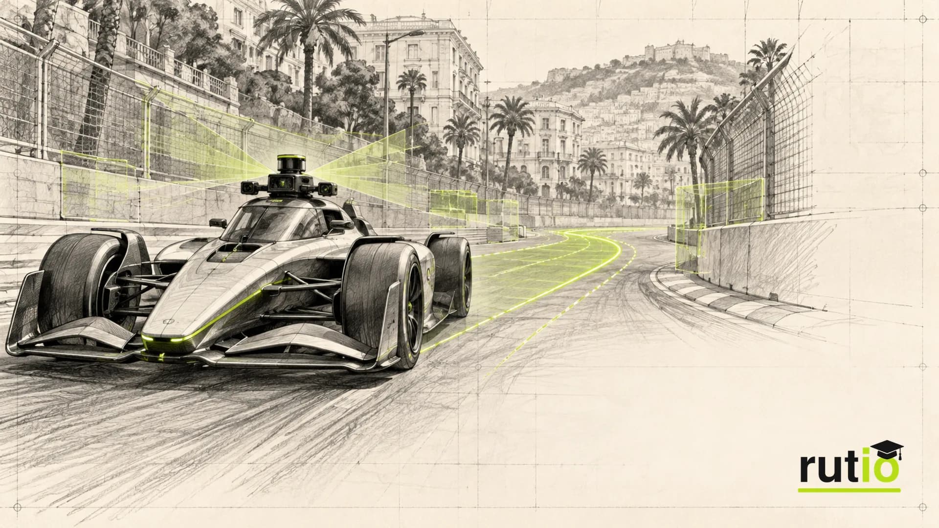 Ilustración editorial de un auto de carreras eléctrico sin piloto sobre un circuito callejero, con su trayectoria proyectada delante