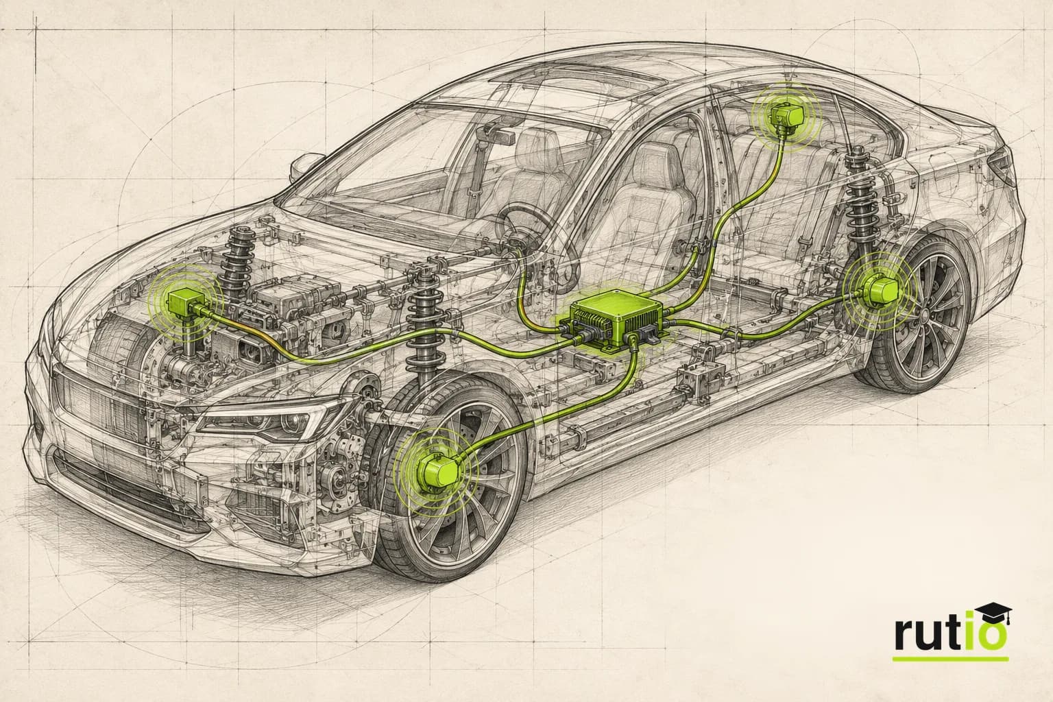 Ilustración editorial técnica de un auto dividido en cuatro zonas, cada una con un nodo conectado a una computadora central