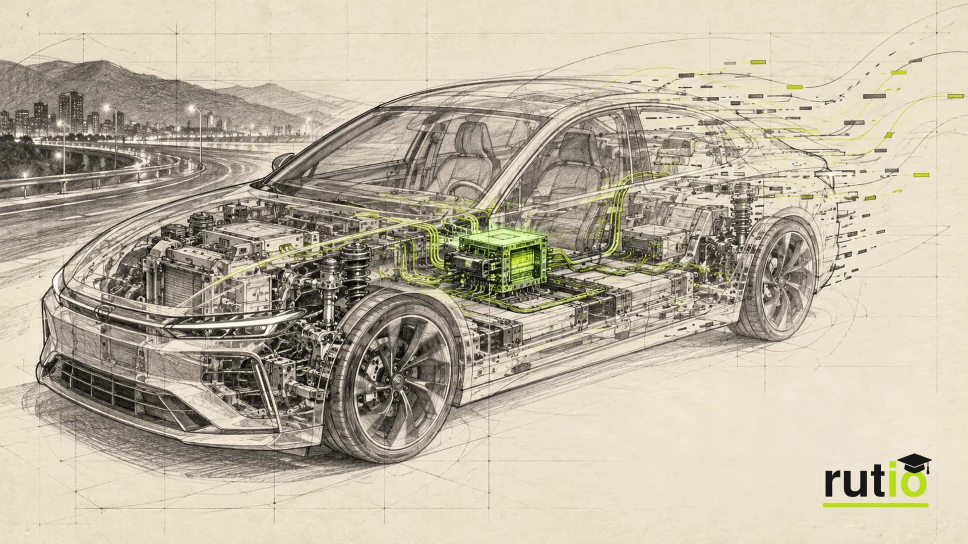 Ilustración editorial de un auto moderno en transparencia cuya carrocería se compone de líneas de código abstractas