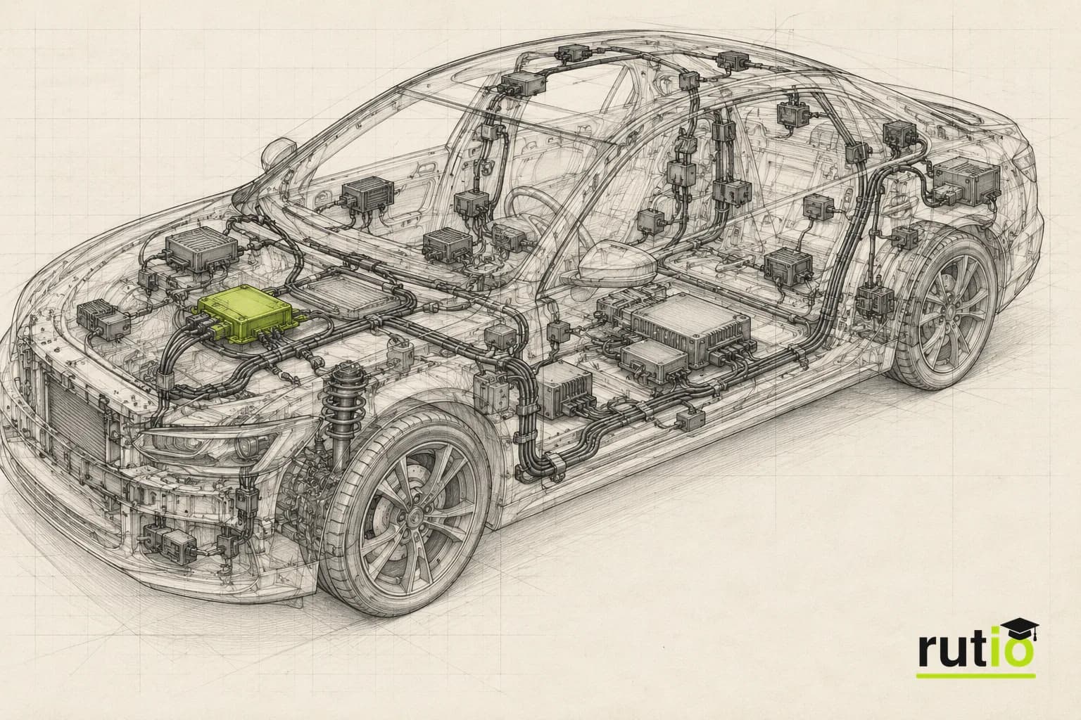 Ilustración editorial técnica de un auto en transparencia lleno de pequeñas cajas electrónicas conectadas por una maraña de cables