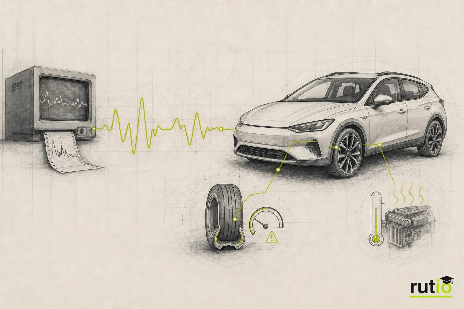 Transición visual entre una traza analógica de datos de los años 90 y una alerta moderna de un vehículo o flota