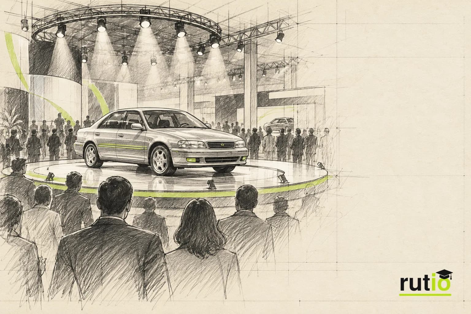 Ilustración editorial de un salón del automóvil de mediados de los noventa con un sedán sobre una plataforma iluminada