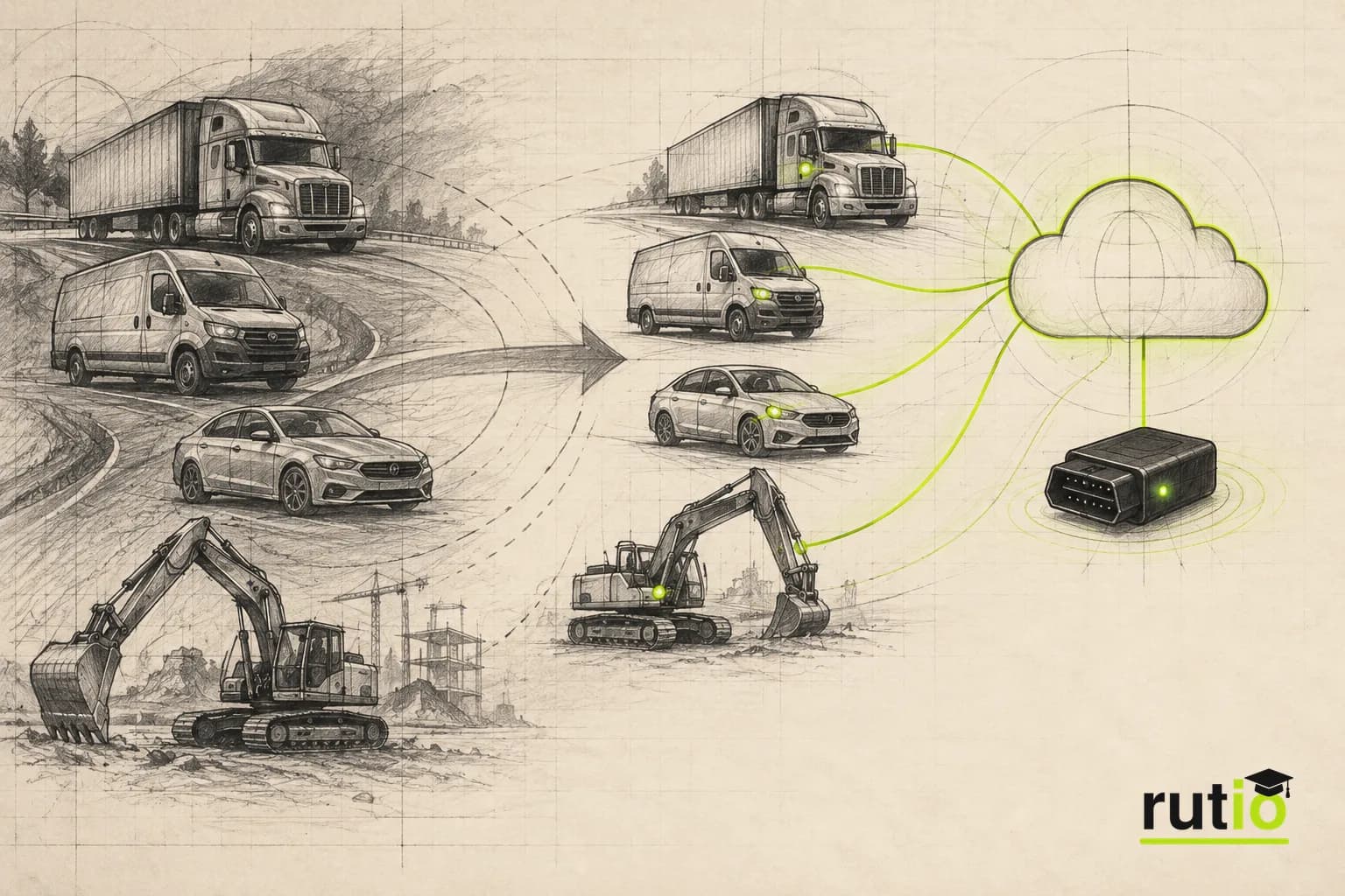 Transición visual entre una flota de vehículos de distintas marcas sin conexión y los mismos vehículos conectados con un dispositivo OBD2