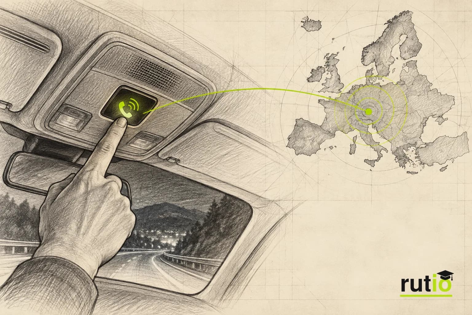 Ilustración editorial de un botón de emergencia en el techo interior de un auto moderno con una señal hacia un mapa de Europa