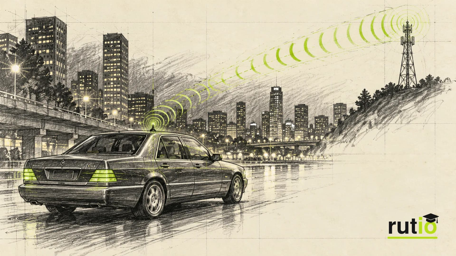 Ilustración editorial de un sedán de lujo de mediados de los noventa de noche, con una señal celular que sale de su antena hacia una torre