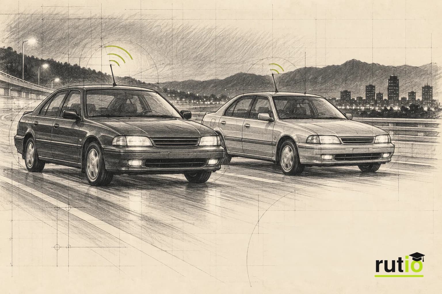 Ilustración editorial de dos autos de mediados de los noventa, cada uno con su propia antena y línea de señal, en paralelo