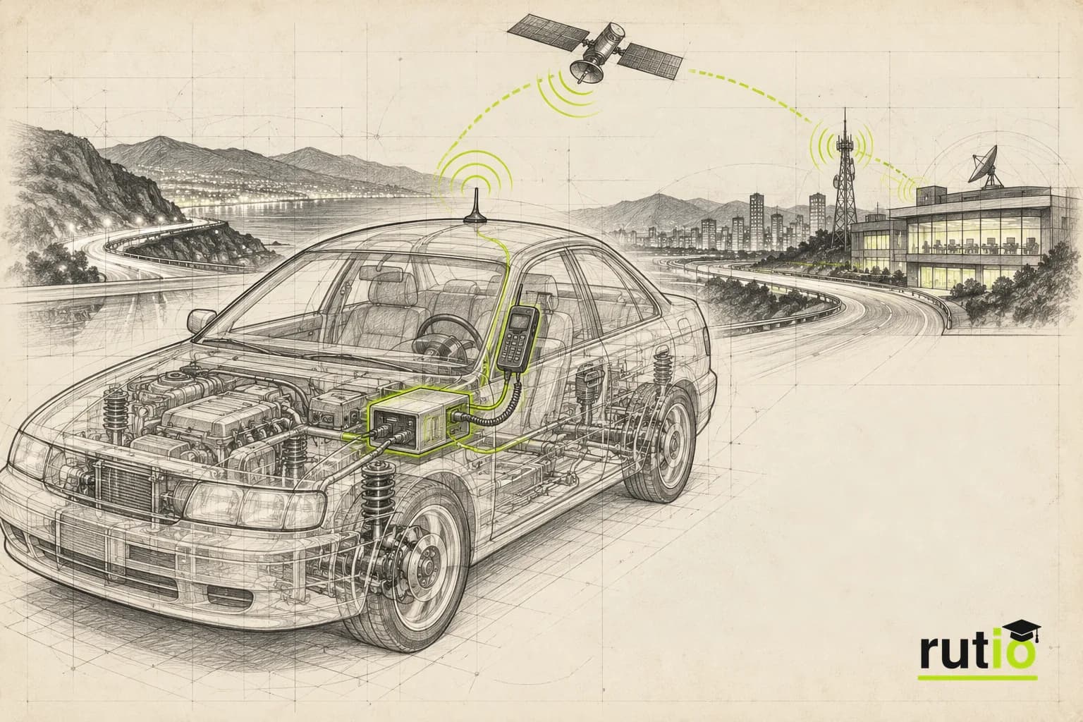 Ilustración editorial técnica de un auto de los noventa con el módulo del airbag conectado a un teléfono celular integrado y a una central de atención