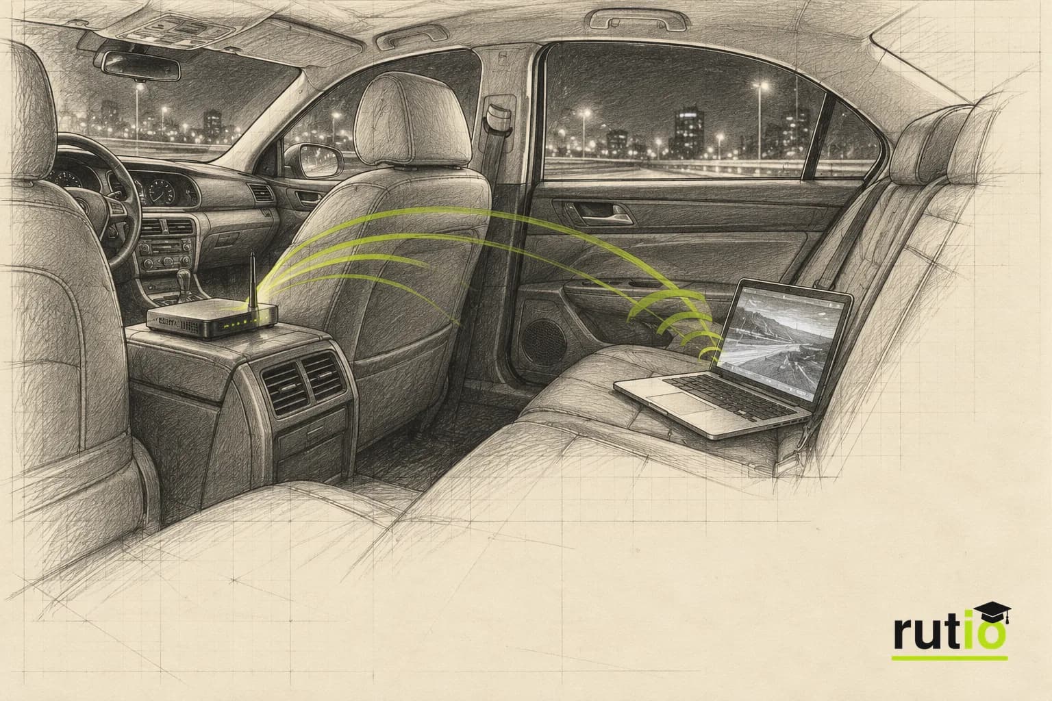 Ilustración editorial del interior de un auto de fines de los 2000 con un router en la consola y señal wifi hacia el asiento trasero