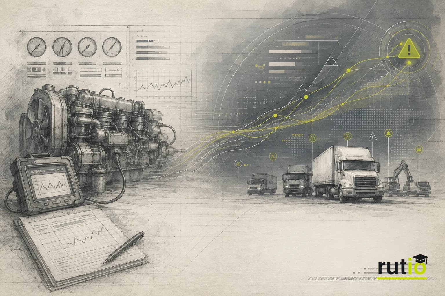 Transición visual entre un panel de tendencia de motor diésel de los años noventa y una alerta predictiva moderna de flota