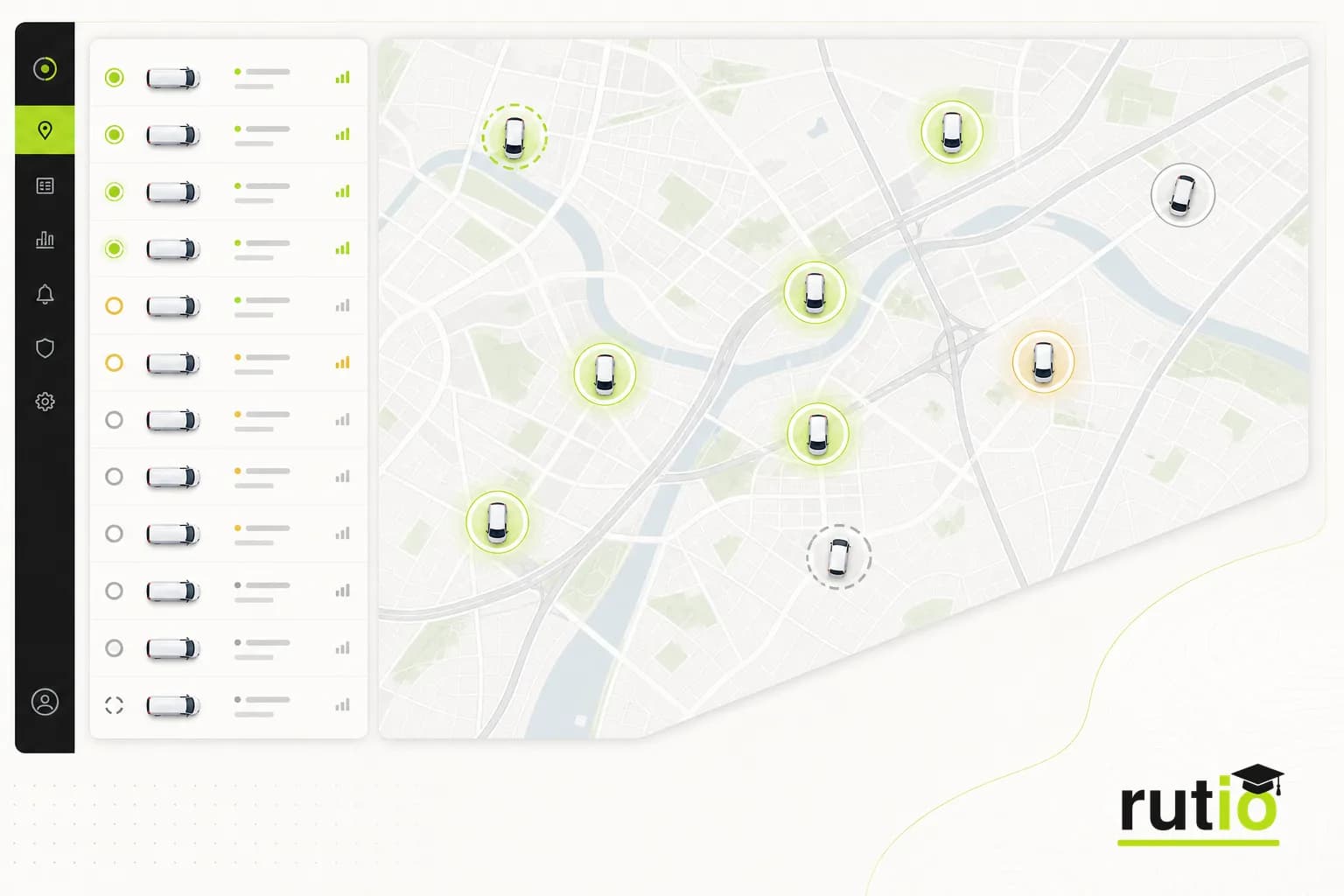 Mapa en vivo con estados actuales de una flota de vehículos livianos