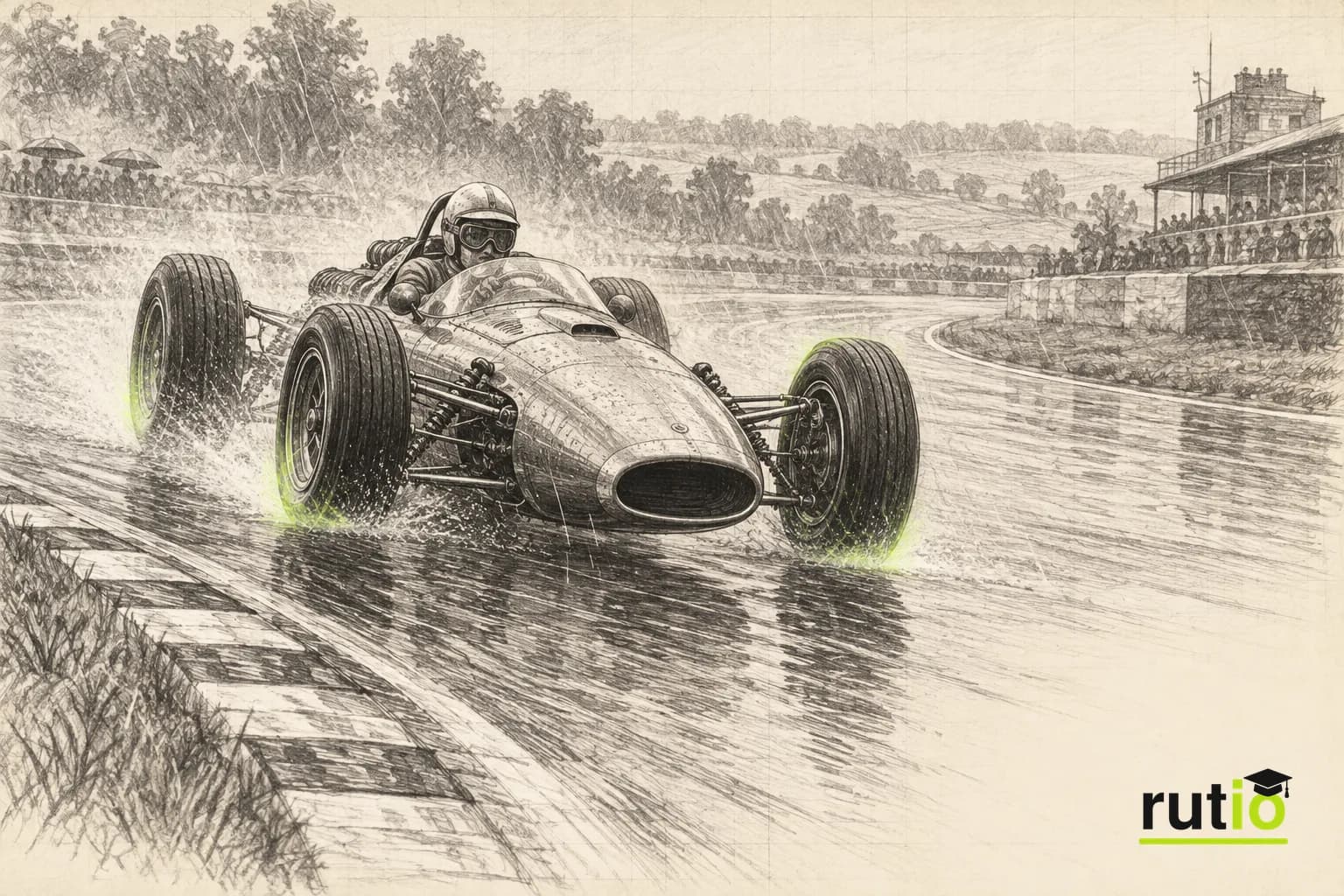 Ilustración editorial de un monoplaza genérico de comienzos de los años sesenta corriendo bajo la lluvia en un circuito de época