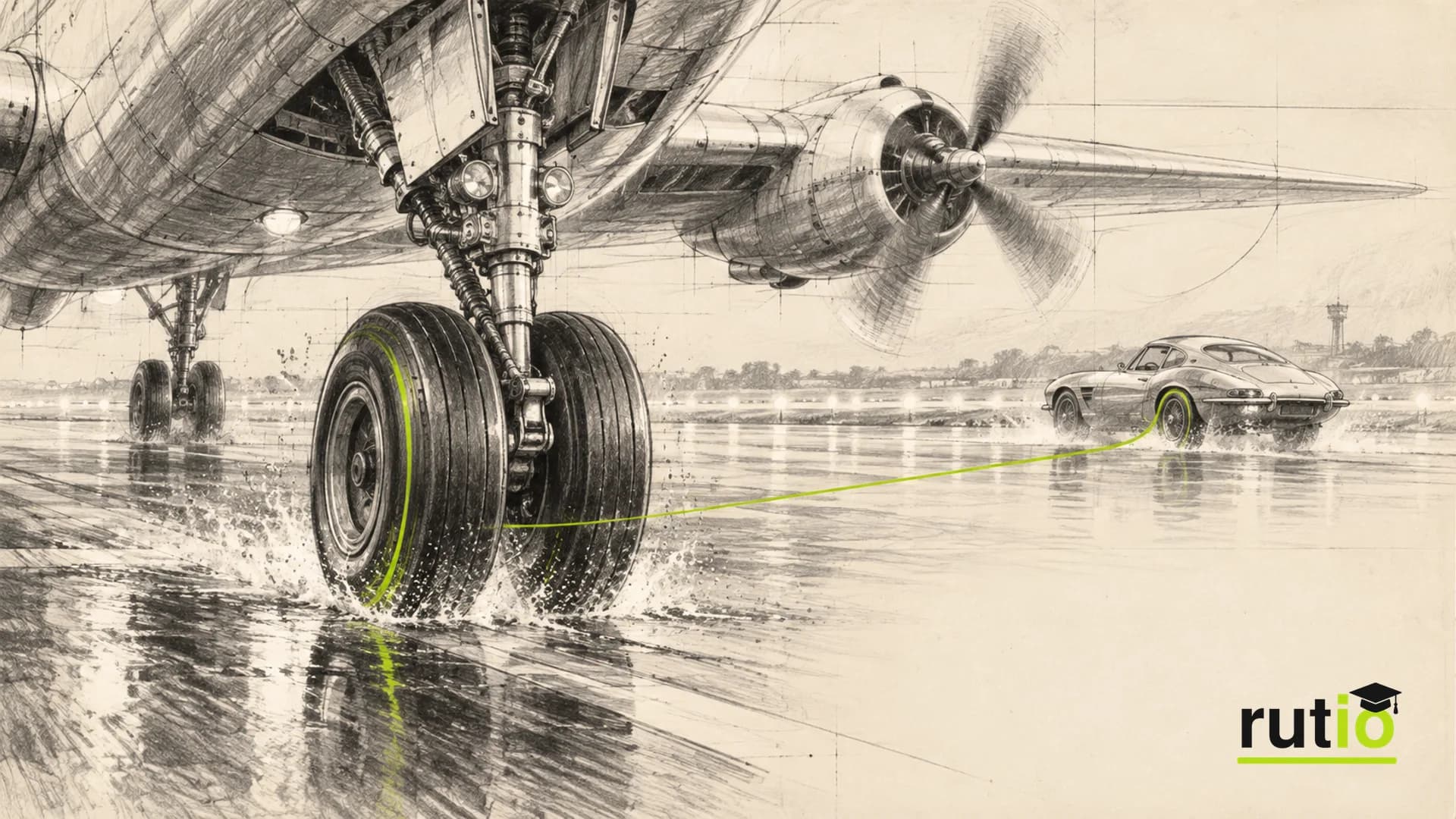 Ilustración editorial de un avión de pasajeros de los años cincuenta aterrizando en pista mojada, con la silueta de un auto deportivo de los sesenta en segundo plano
