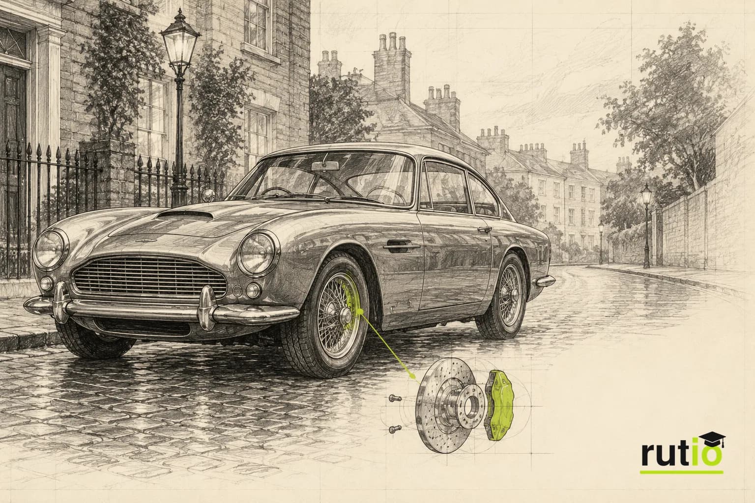 Ilustración editorial de un coupé gran turismo genérico de mediados de los años sesenta estacionado en una calle británica de época