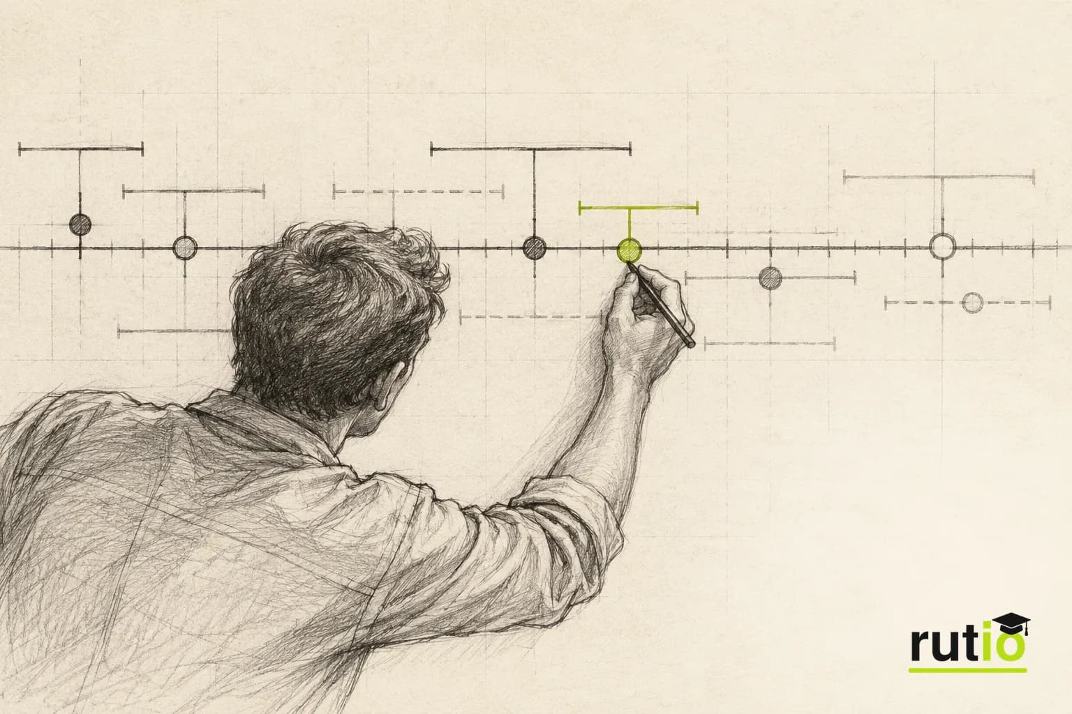 Ilustración editorial de una línea de tiempo abstracta con varias marcas de fecha superpuestas y desalineadas
