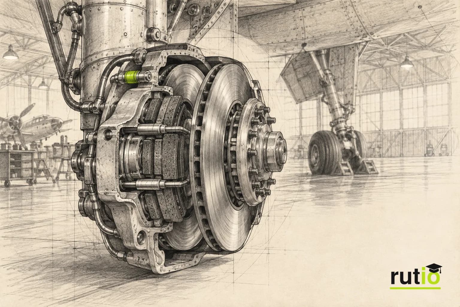 Ilustración editorial técnica de un mecanismo de freno de avión de mediados del siglo XX en corte, en un hangar de época