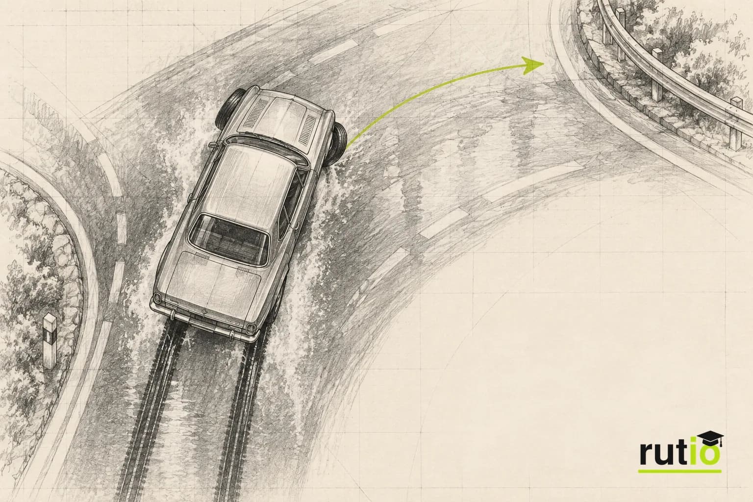Ilustración editorial cenital de un auto de los años sesenta patinando con las ruedas delanteras bloqueadas sobre asfalto mojado