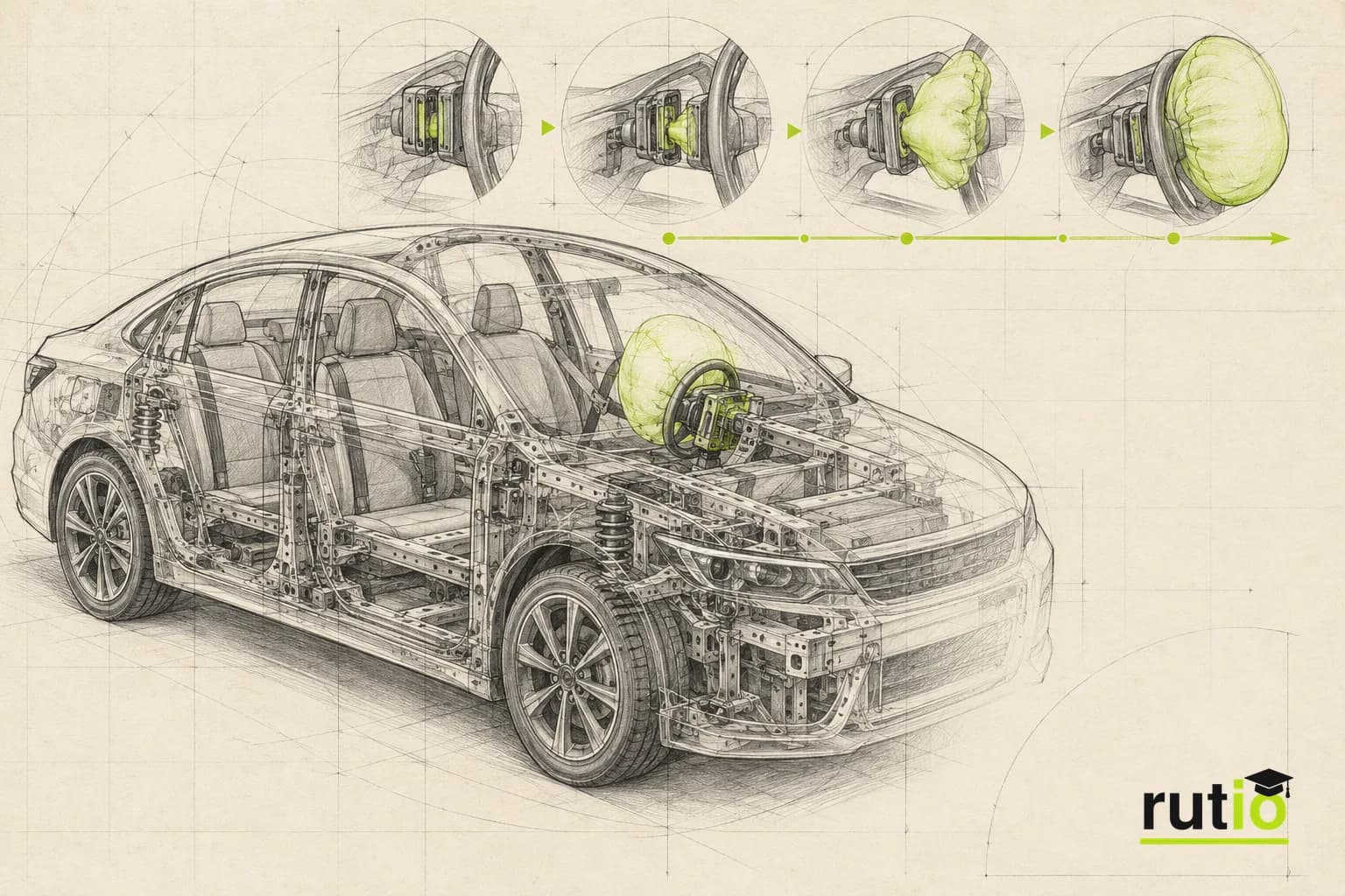 Ilustración editorial técnica de un sedán moderno en transparencia con el módulo del airbag resaltado y una línea de tiempo de datos