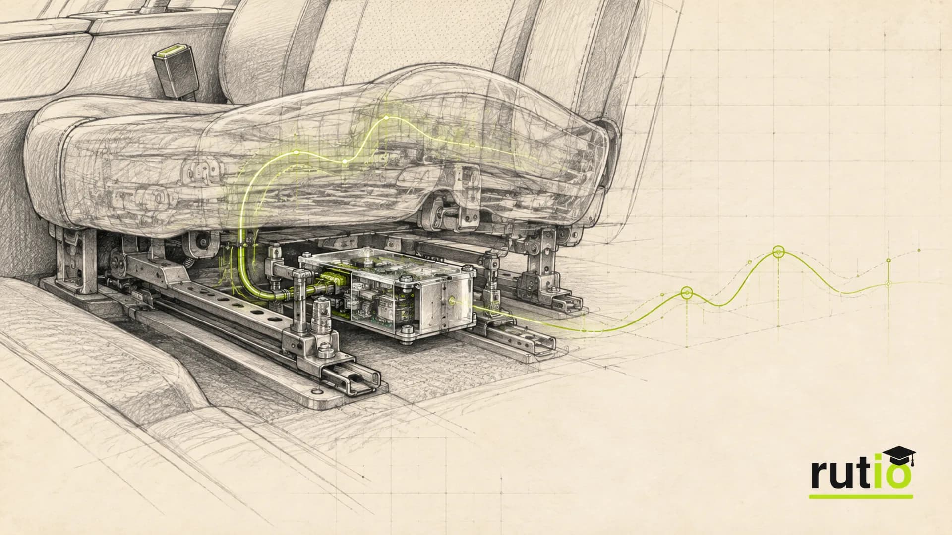 Ilustración editorial de un pequeño módulo electrónico bajo el asiento de un auto en transparencia, registrando una curva de datos