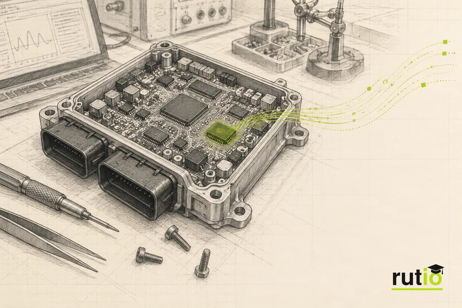 Ilustración editorial de un módulo de control abierto con una pequeña memoria electrónica resaltada